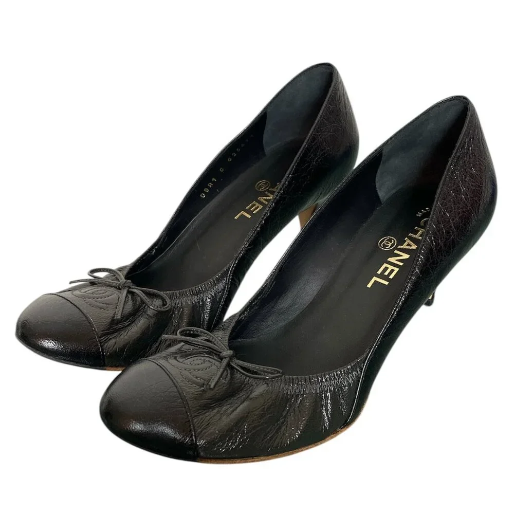 CHANEL Classic CC Logo Cap Toe Bow Elastic Pumps Heels \\ 37.5